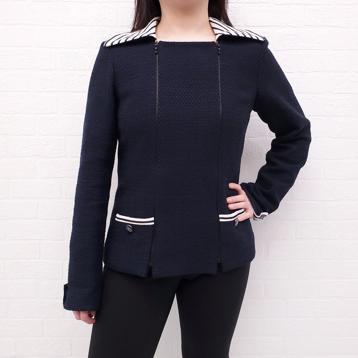 CHANEL NAVY NAUTICAL TWEED BLAZER WITH LOGO BUTTONS - SIZE 40