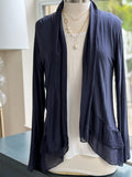 Long navy cardigan front view