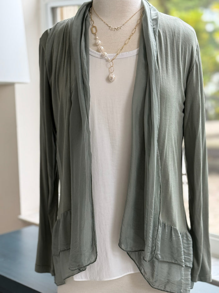 Long silk olive cardigan front view
