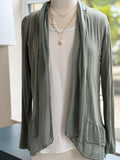 Long silk olive cardigan front view