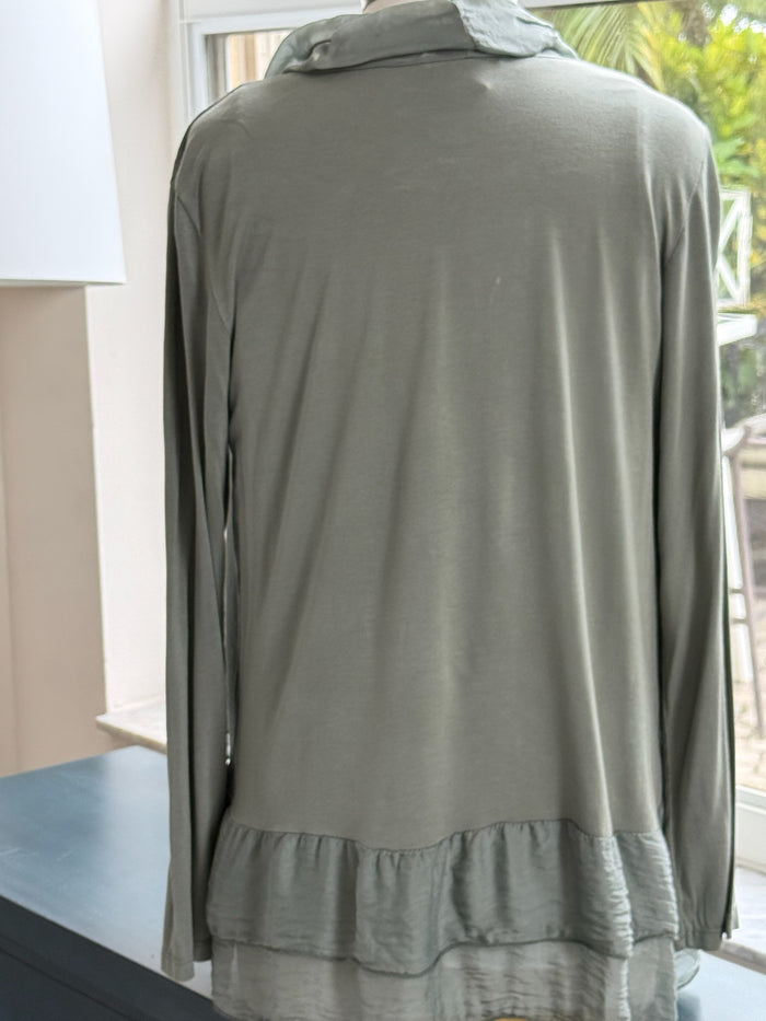 Long silk cardigan in olive back view
