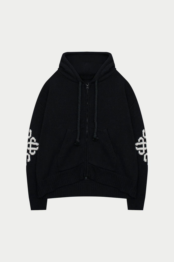 CHUNKY KNIT EMBLEM ZIP THROUGH HOODIE - BLACK
