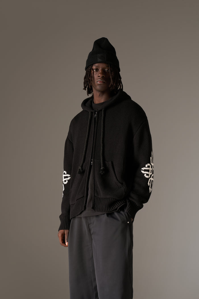 CHUNKY KNIT EMBLEM ZIP THROUGH HOODIE - BLACK