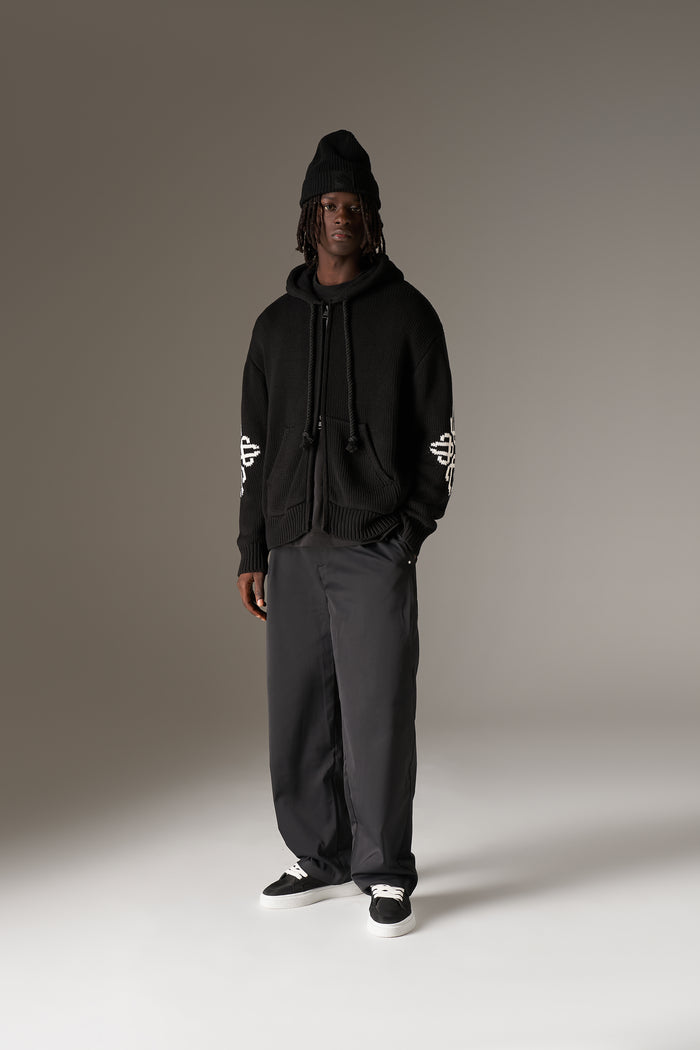 CHUNKY KNIT EMBLEM ZIP THROUGH HOODIE - BLACK