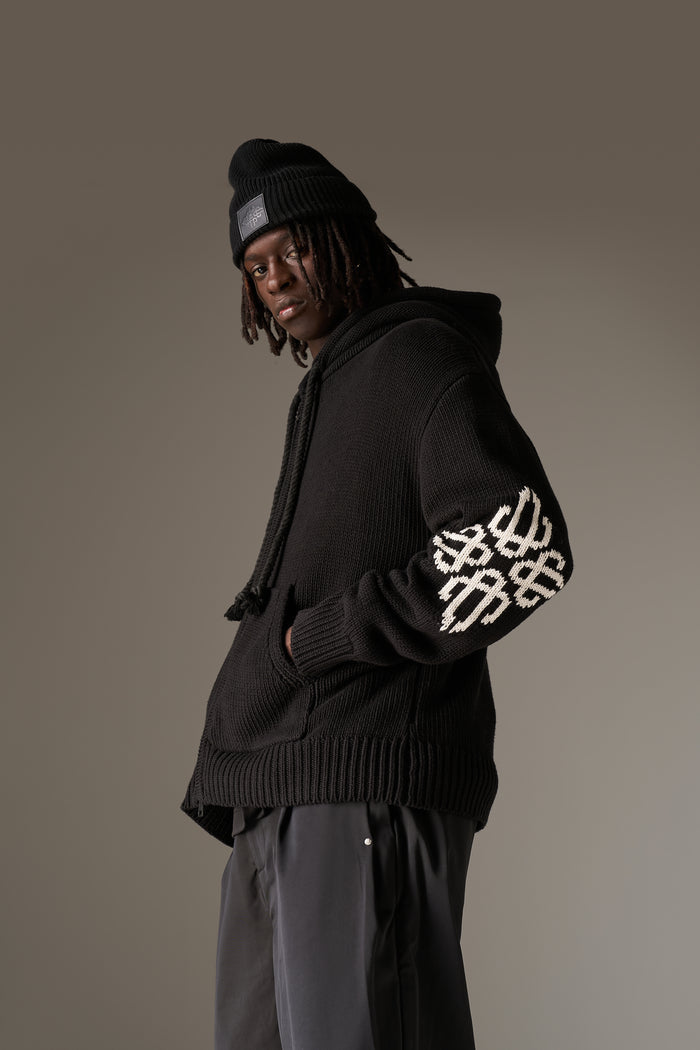 CHUNKY KNIT EMBLEM ZIP THROUGH HOODIE - BLACK