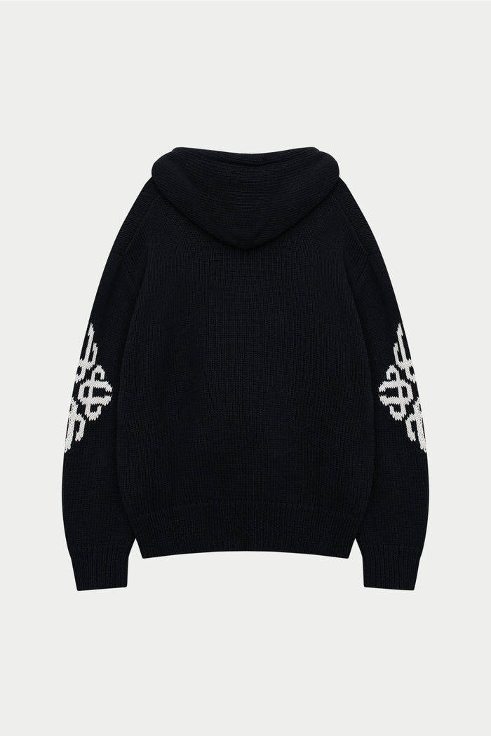 CHUNKY KNIT EMBLEM ZIP THROUGH HOODIE - BLACK