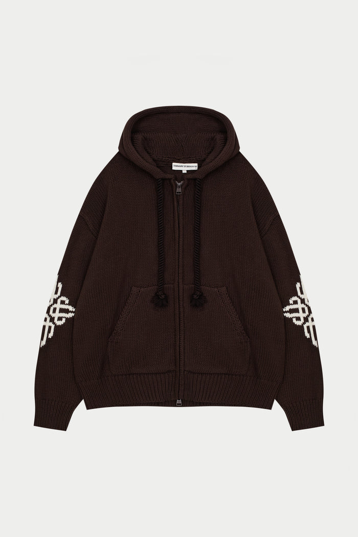 CHUNKY KNIT EMBLEM ZIP THROUGH HOODIE - CHOCOLATE