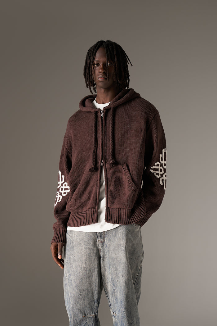 CHUNKY KNIT EMBLEM ZIP THROUGH HOODIE - CHOCOLATE