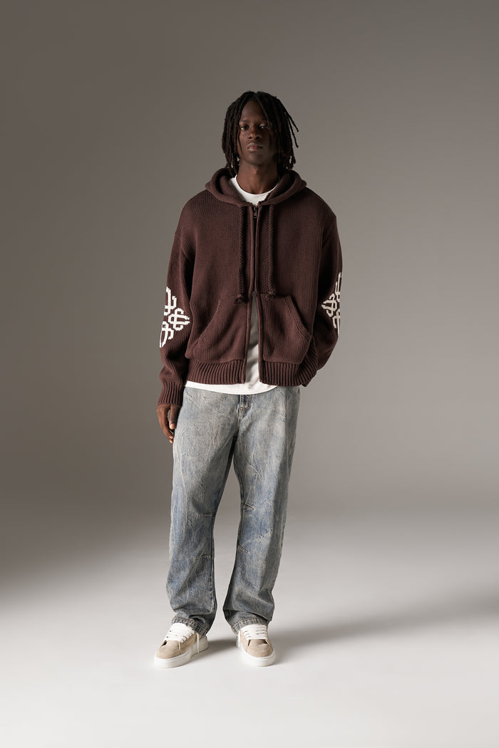 CHUNKY KNIT EMBLEM ZIP THROUGH HOODIE - CHOCOLATE