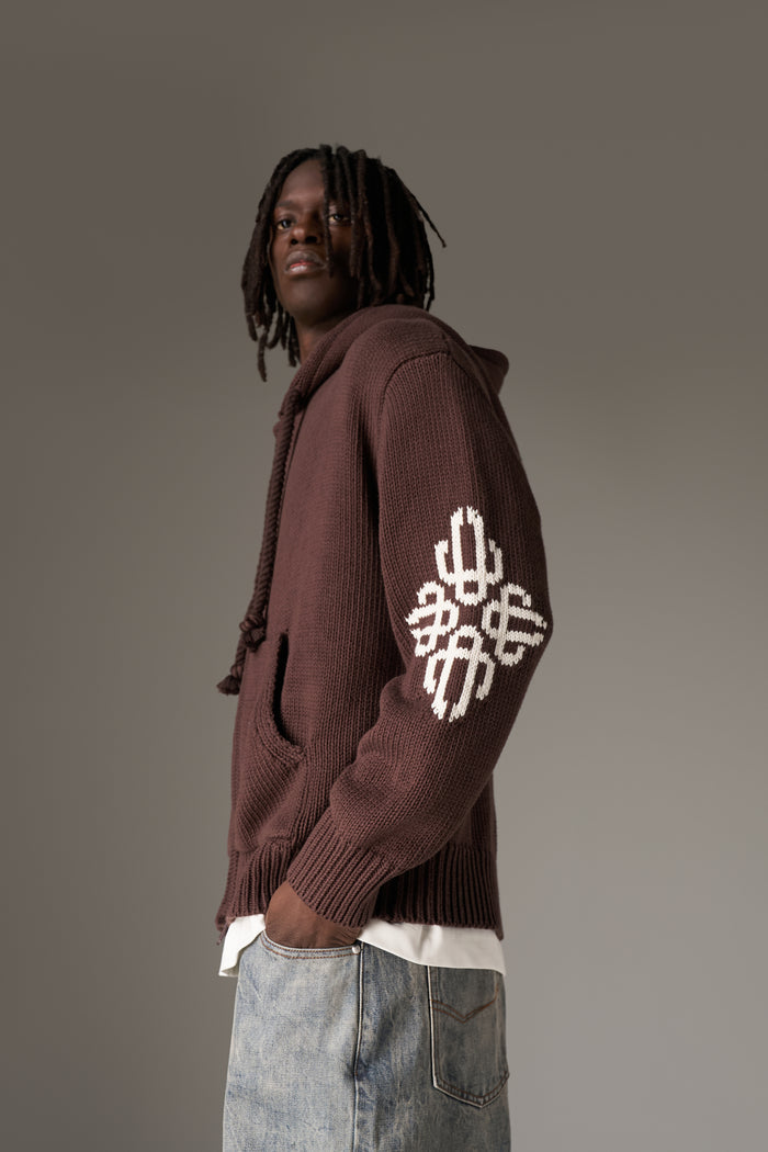 CHUNKY KNIT EMBLEM ZIP THROUGH HOODIE - CHOCOLATE