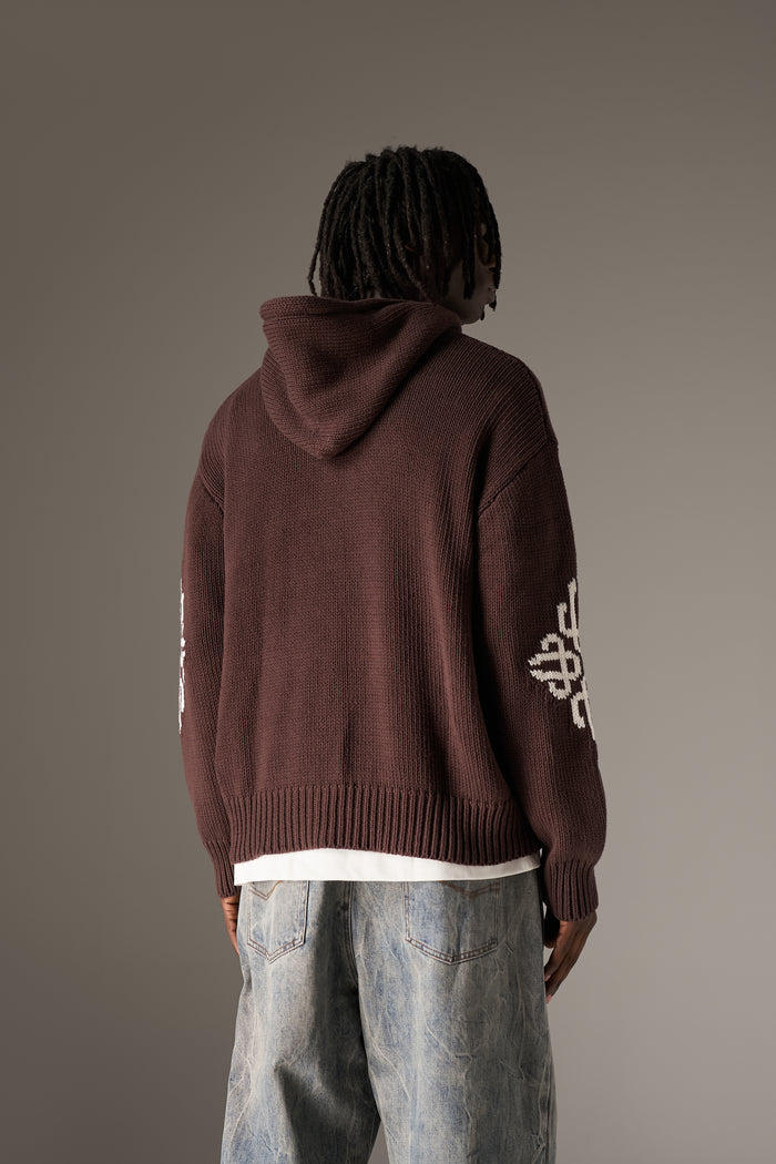 CHUNKY KNIT EMBLEM ZIP THROUGH HOODIE - CHOCOLATE