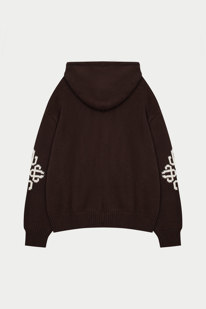CHUNKY KNIT EMBLEM ZIP THROUGH HOODIE - CHOCOLATE