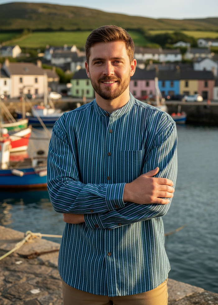 Civilian Grandfather Shirt | Blue Green Stripes