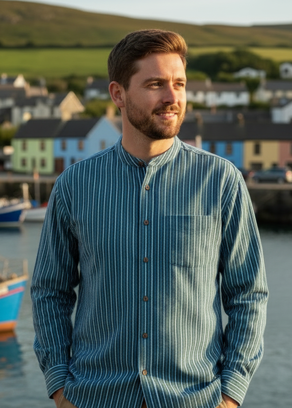 Civilian Grandfather Shirt | Blue Green Stripes