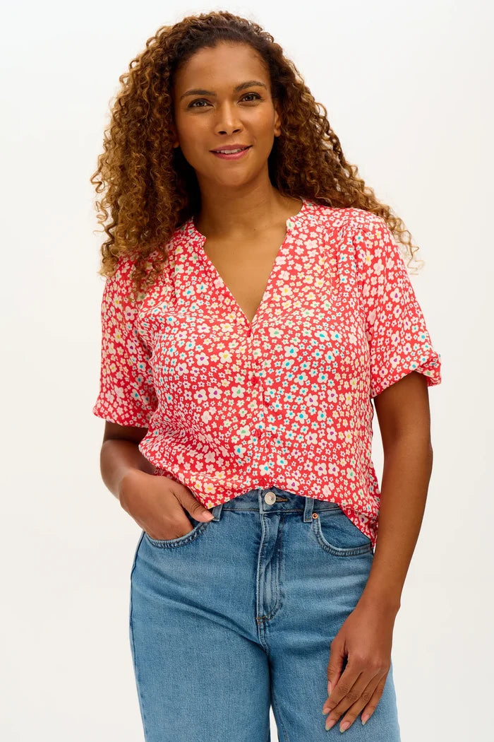 Connie Blouse - Red, Rainbow Daisies