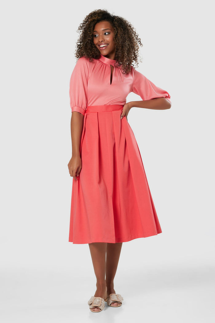 Cora 2-in-1 Puff Sleeve Midi Dress (Coral)
