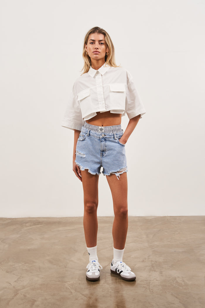 CROPPED POPLIN POCKET DETAIL SHIRT - WHITE