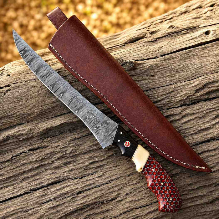 Damascus Fish Fillet Knife – Red Honeycomb & Camel Bone Handle - RFE Marketing Ventures
