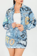 Style the Denim Effect Printed Mini Skirt exclusively at Born To Glam