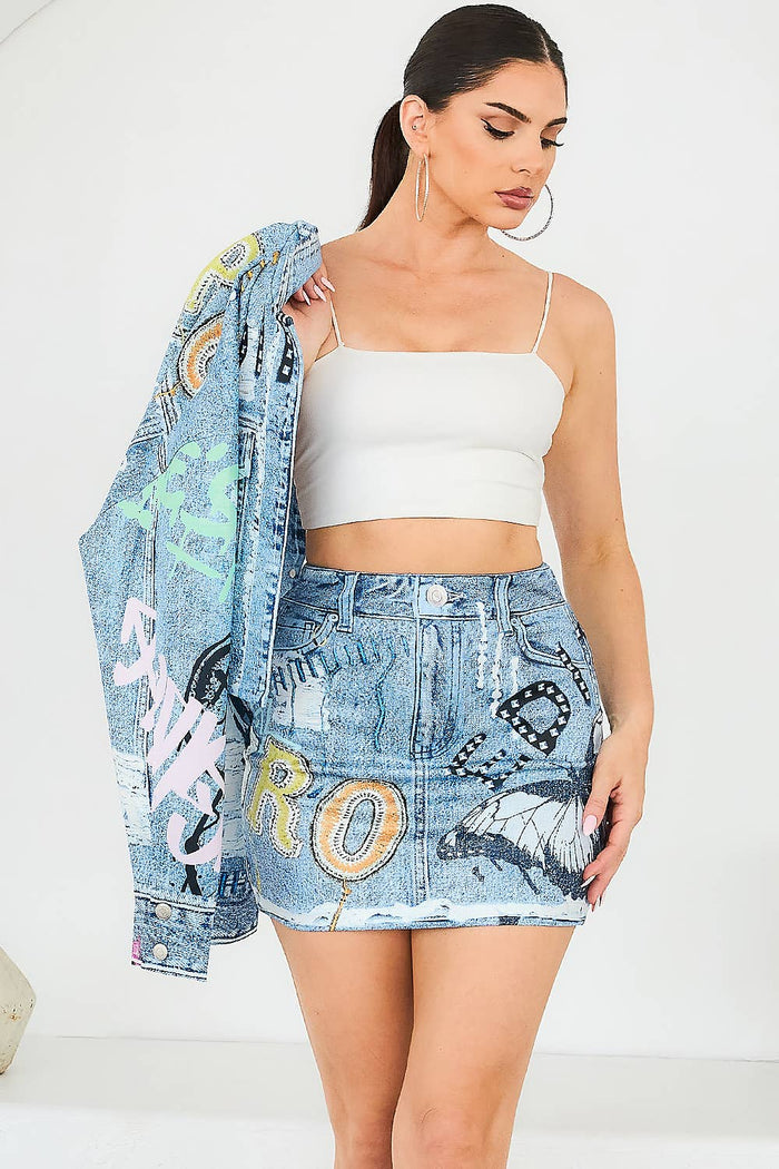 Style the Denim Effect Printed Mini Skirt exclusively at Born To Glam