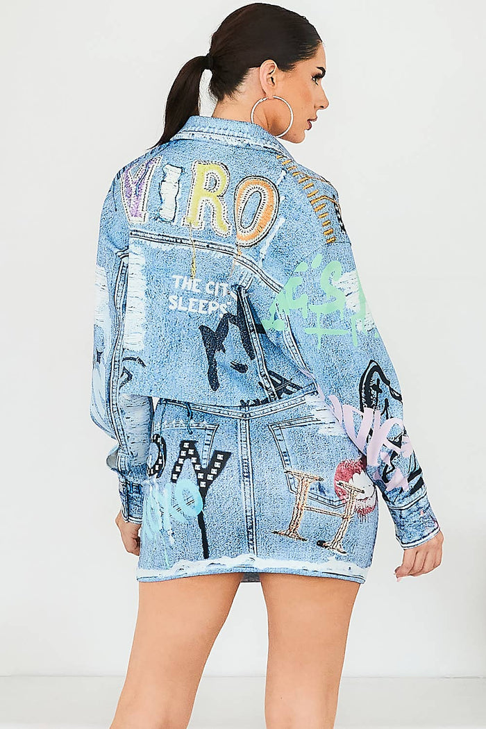 Style the Denim Effect Printed Mini Skirt exclusively at Born To Glam