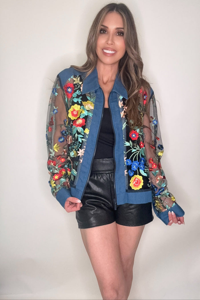 Style the Denim Floral Lace Short Jacket exclusively at Born To Glam