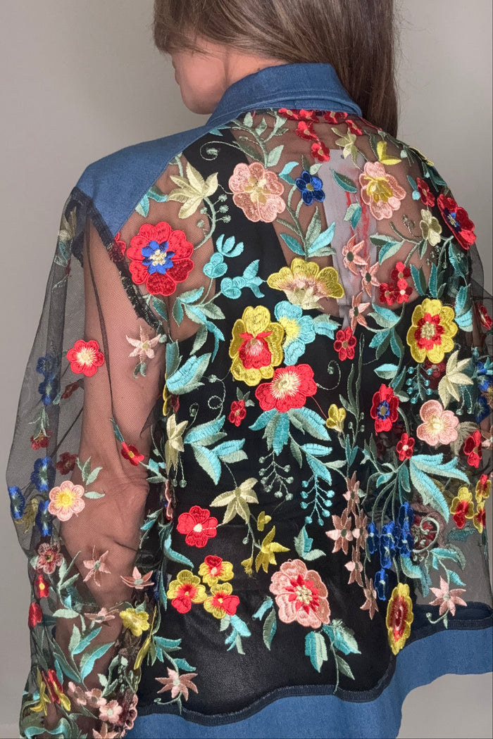 Style the Denim Floral Lace Short Jacket exclusively at Born To Glam