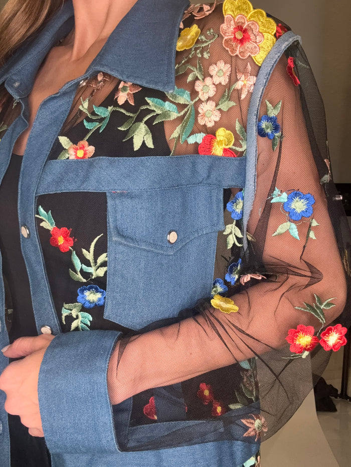 Style the Denim Floral Lace Short Jacket exclusively at Born To Glam