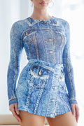 Style the Denim Printed Bodysuit & Skort Set exclusively at Born To Glam