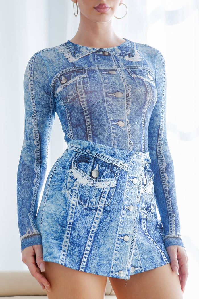 Style the Denim Printed Bodysuit & Skort Set exclusively at Born To Glam