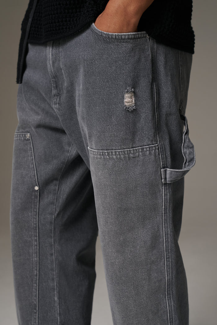 DENIM RIVET DETAIL CARPENTER JEANS - GREY WASH