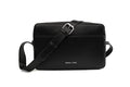 Black leather crossbody bag with 'Moral Code' branding