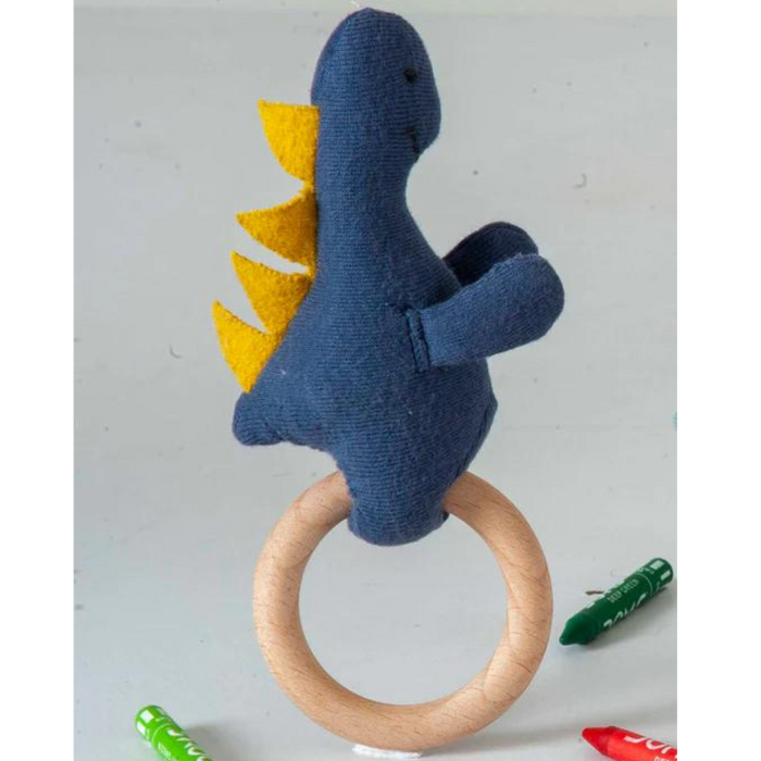Dino Rattle Knitted Dark Blue & Yellow Stuffed Baby Plush/Soft Toy | 100% Premium Cotton