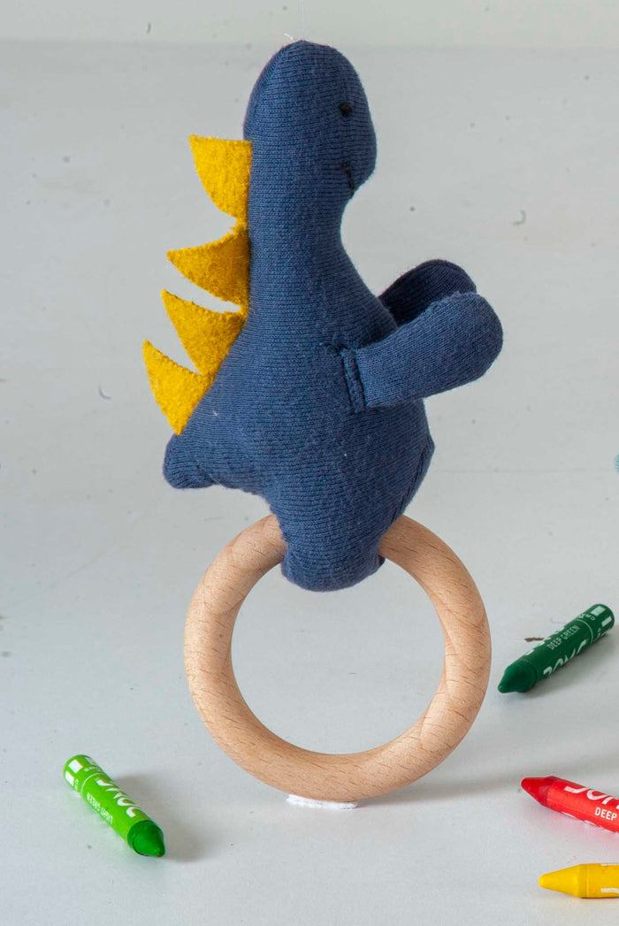 Dino Rattle Knitted Dark Blue & Yellow Stuffed Baby Plush/Soft Toy | 100% Premium Cotton
