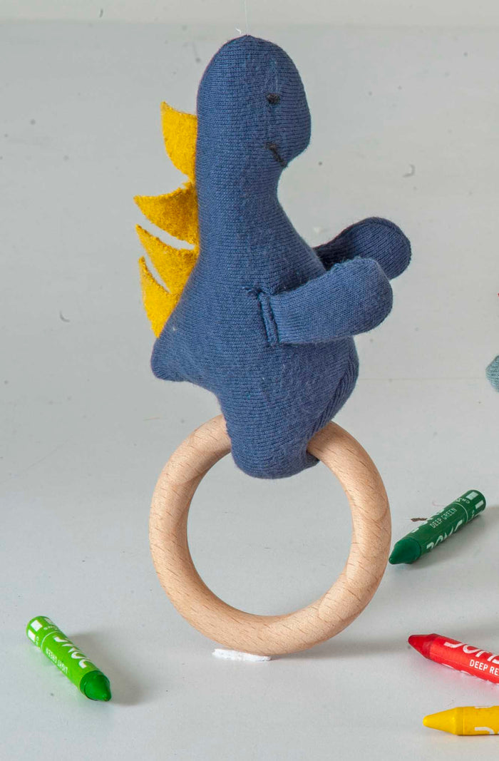 Dino Rattle Knitted Dark Blue & Yellow Stuffed Baby Plush/Soft Toy | 100% Premium Cotton