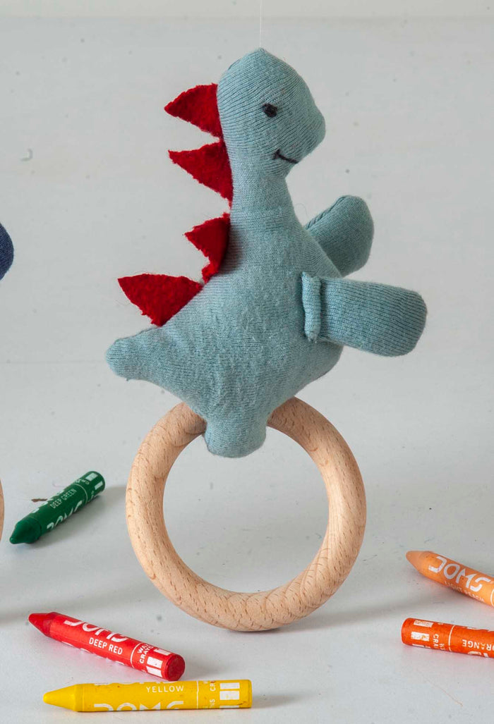Dino Rattle Knitted Light Green & Red Baby Stuffed/Plush/Soft Toy | 100% Premium Cotton - Mojopanda Organic  Store