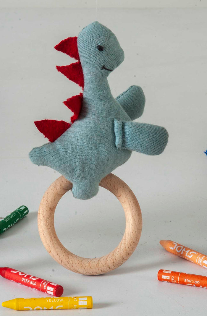 Dino Rattle Knitted Light Green & Red Baby Stuffed/Plush/Soft Toy | 100% Premium Cotton - Mojopanda Organic  Store