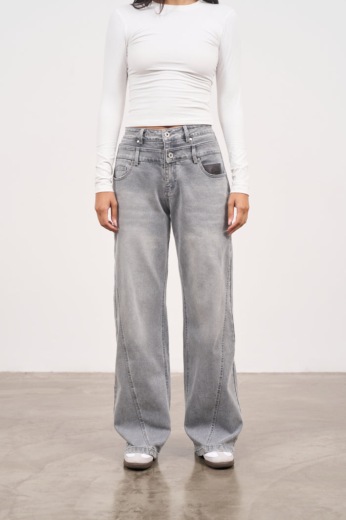 DISTRESSED DOUBLE WAISTBAND JEANS - GREY WASH