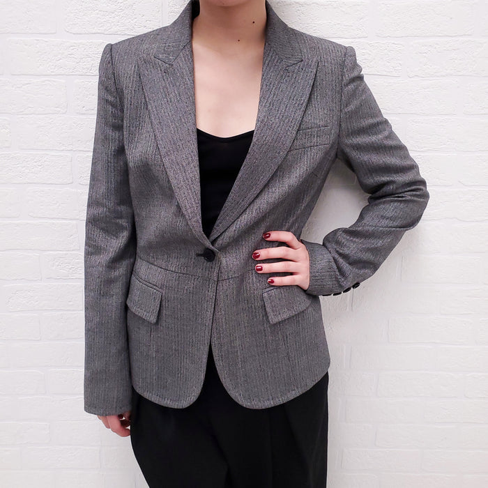DOLCE & GABBANA GREY HOUNDSTOOTH BLAZER WITH LEOPARD INTERIOR - SIZE 40