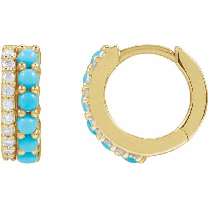 Double Row Diamond & Turquoise Hoop Earrings - 14k Yellow Gold