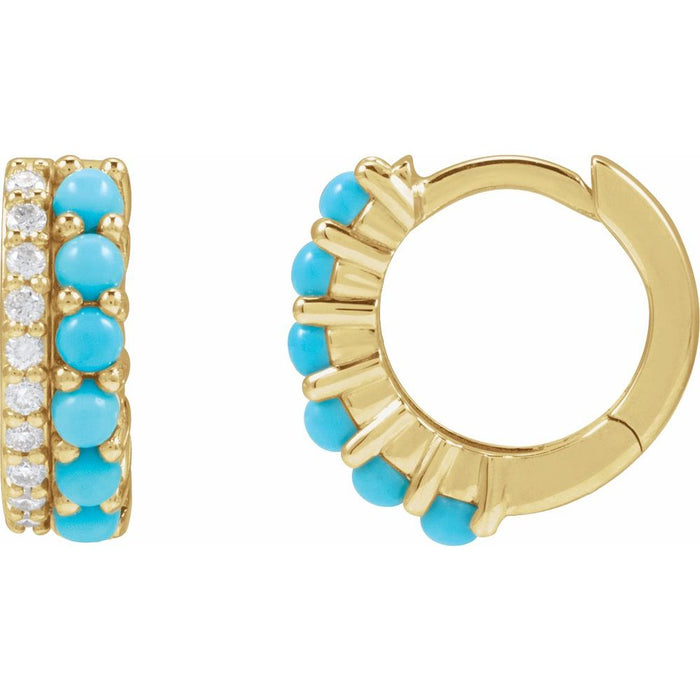 Double Row Diamond & Turquoise Hoop Earrings - 14k Yellow Gold