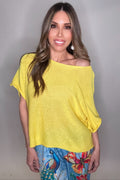 Bright yellow drop shoulder knit top with a relaxed silhouette and lightweight sweater texture.