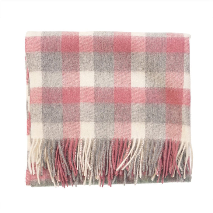 Edinburgh Lambswool Tartan Stole - Soft Luxury Check Wrap with Fringe - Big Check Muted White and Pink - Heritage Of Scotland -
