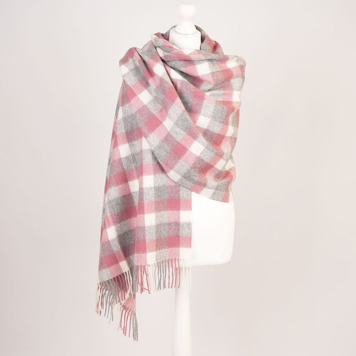 Edinburgh Lambswool Tartan Stole - Soft Luxury Check Wrap with Fringe - Big Check Muted White and Pink - Heritage Of Scotland -