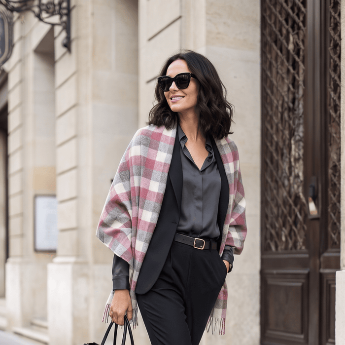 Edinburgh Lambswool Tartan Stole - Soft Luxury Check Wrap with Fringe - Big Check Muted White and Pink - Heritage Of Scotland -