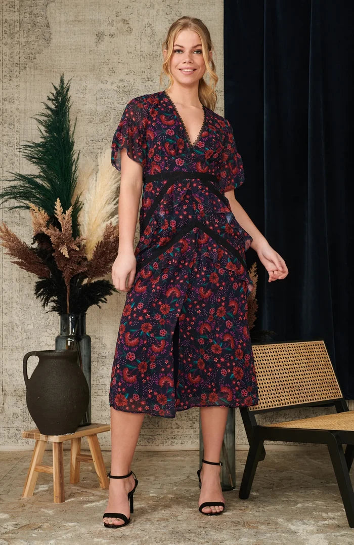 Enya Plunge Front Midi Tea Dress (Navy)