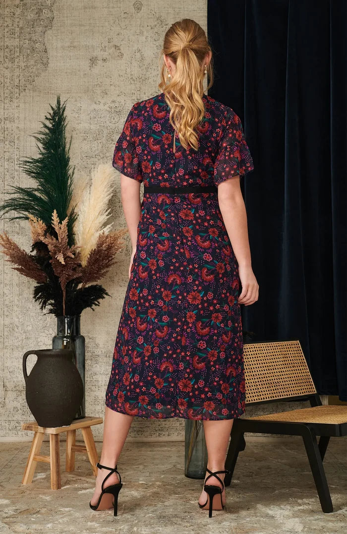 Enya Plunge Front Midi Tea Dress (Navy)