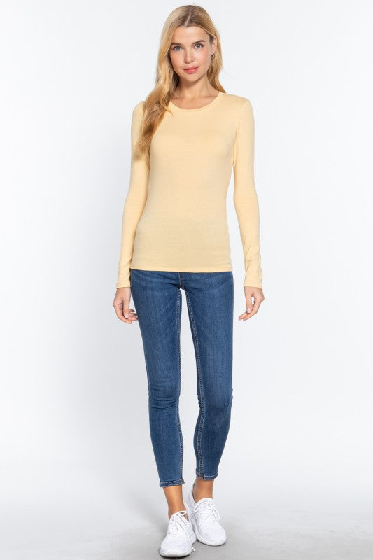 Essential Long Sleeve Cotton-Spandex Crew Neck Jersey Top
