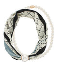 Evelyn Layered Pearl & Patterned Scarf Necklace – Brown, Cream & Blue Statement Piece