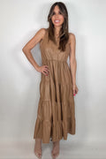 Style the Fate Camel Faux Leather Midi Dress exclusively at Born To Glam